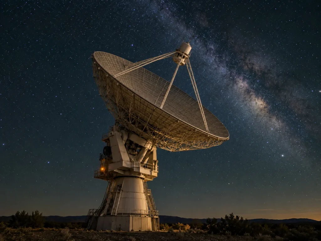 Radioteleskop riktat mot en stjärnklar natthimmel.